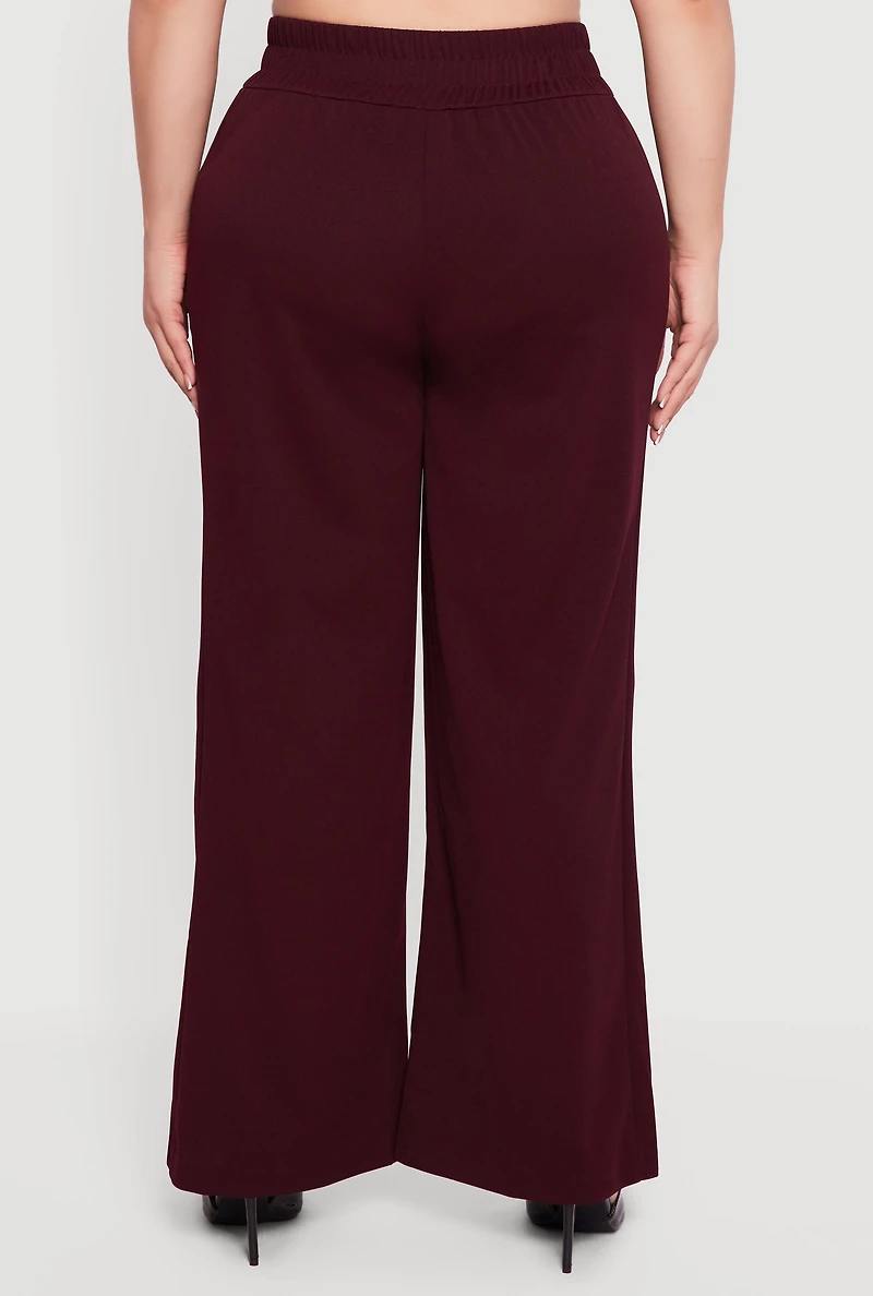 Womens Plus Crepe Knit Drawstring Detail Wide Leg Pants,