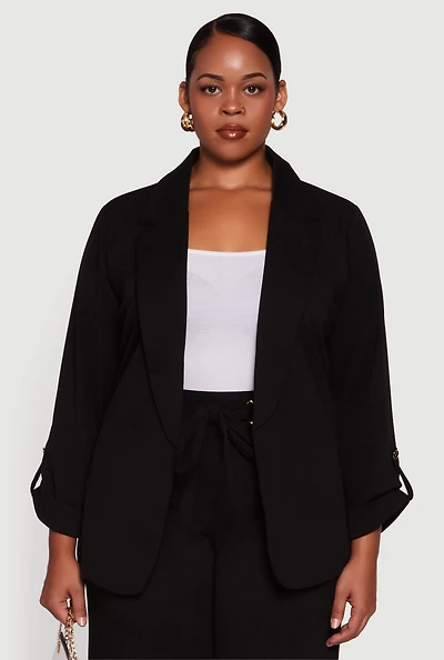 Womens Plus Crepe Knit Long Sleeve Open Front Blazer,