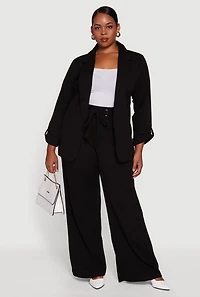 Womens Plus Size Crepe Knit Long Sleeve Open Front Blazer, Black, Size 3X