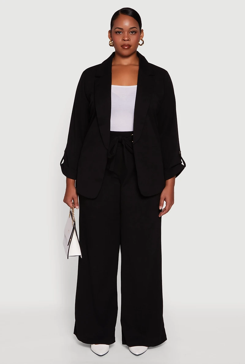 Womens Plus Size Crepe Knit Long Sleeve Open Front Blazer, Black, Size 3X