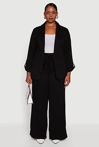 Womens Plus Size Crepe Knit Long Sleeve Open Front Blazer, Black, Size 3X