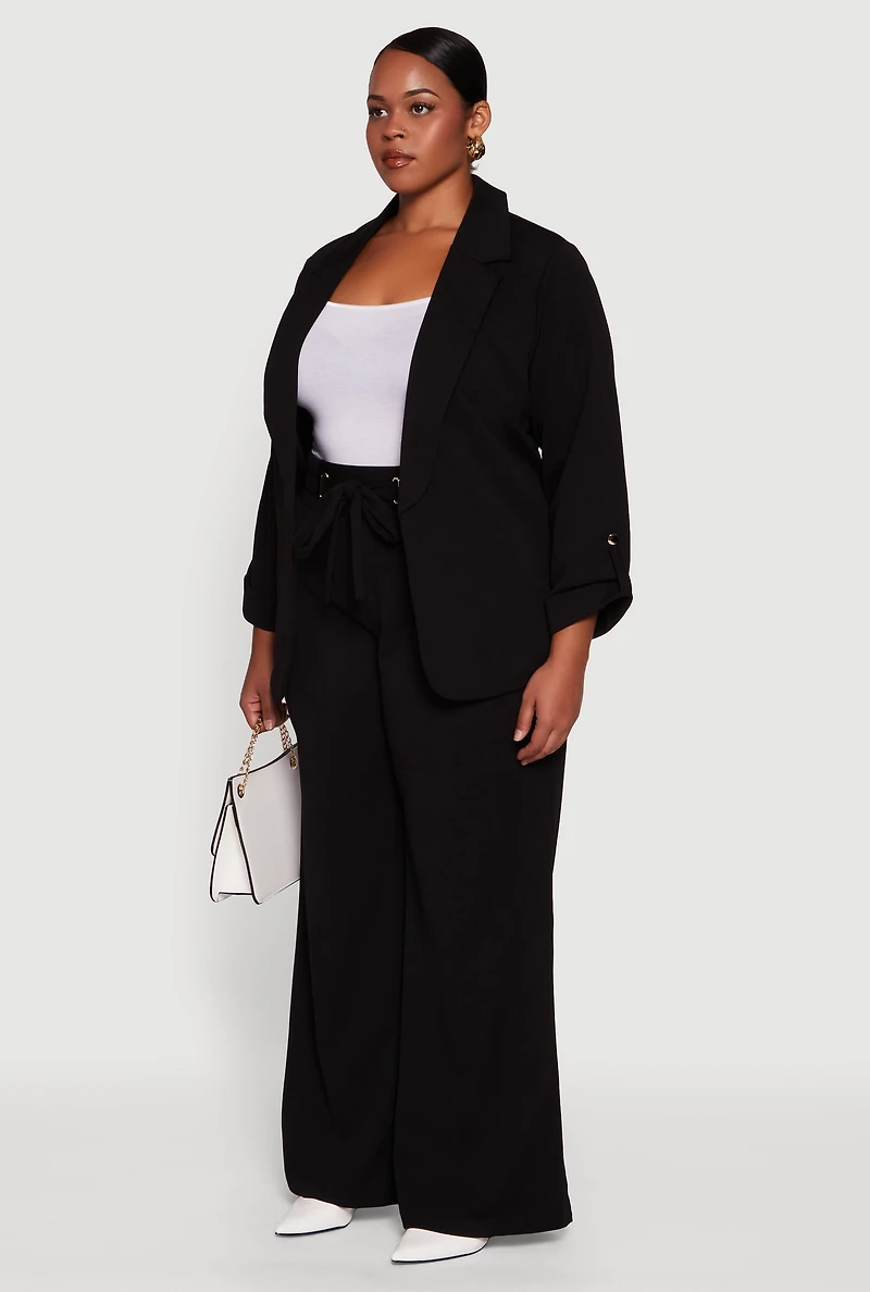 Womens Plus Crepe Knit Long Sleeve Open Front Blazer, Black,