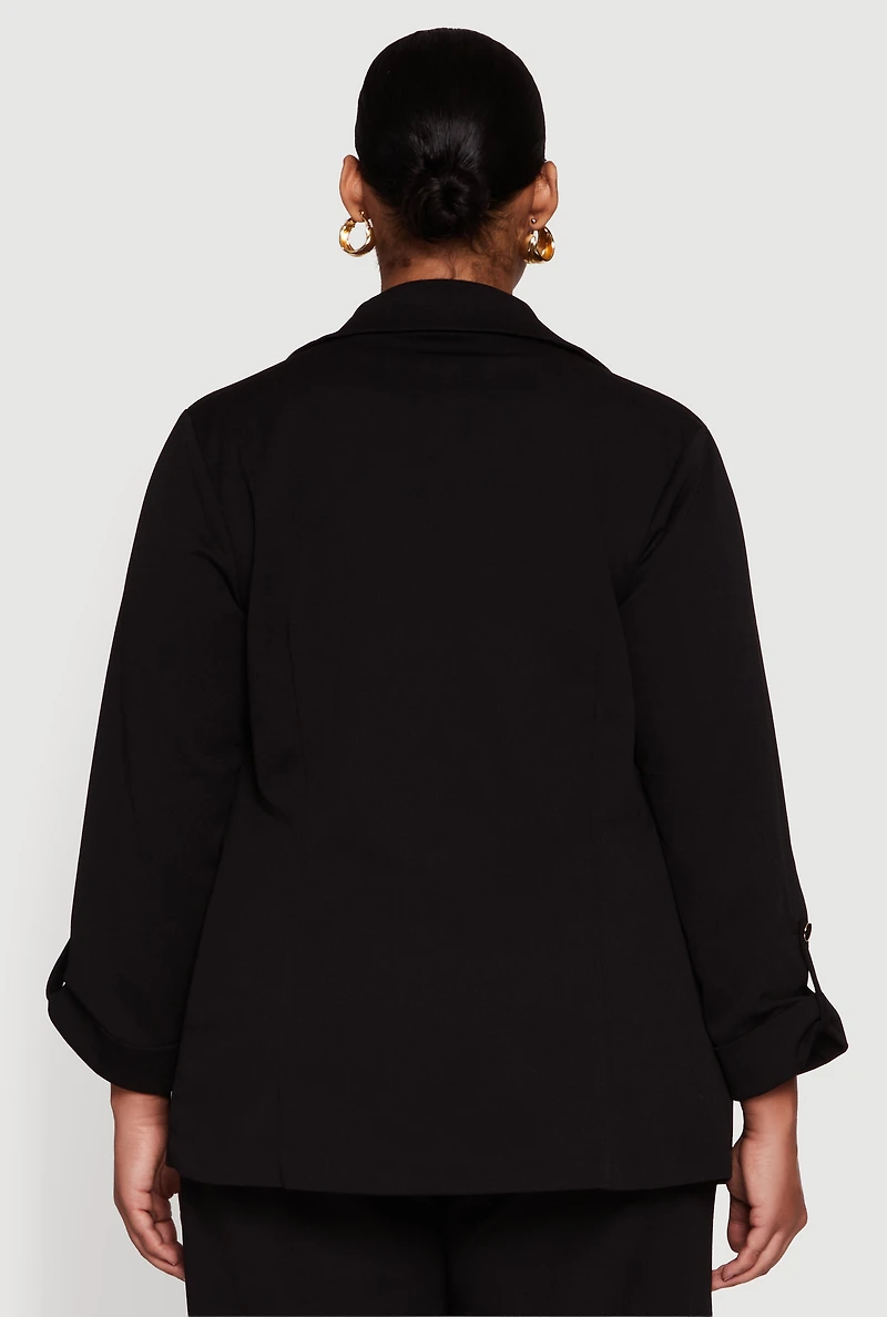 Womens Plus Crepe Knit Long Sleeve Open Front Blazer, Black,