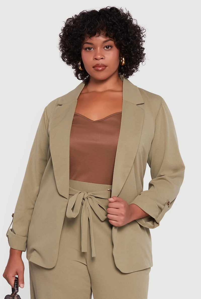 Womens Plus Crepe Knit Long Sleeve Open Front Blazer,