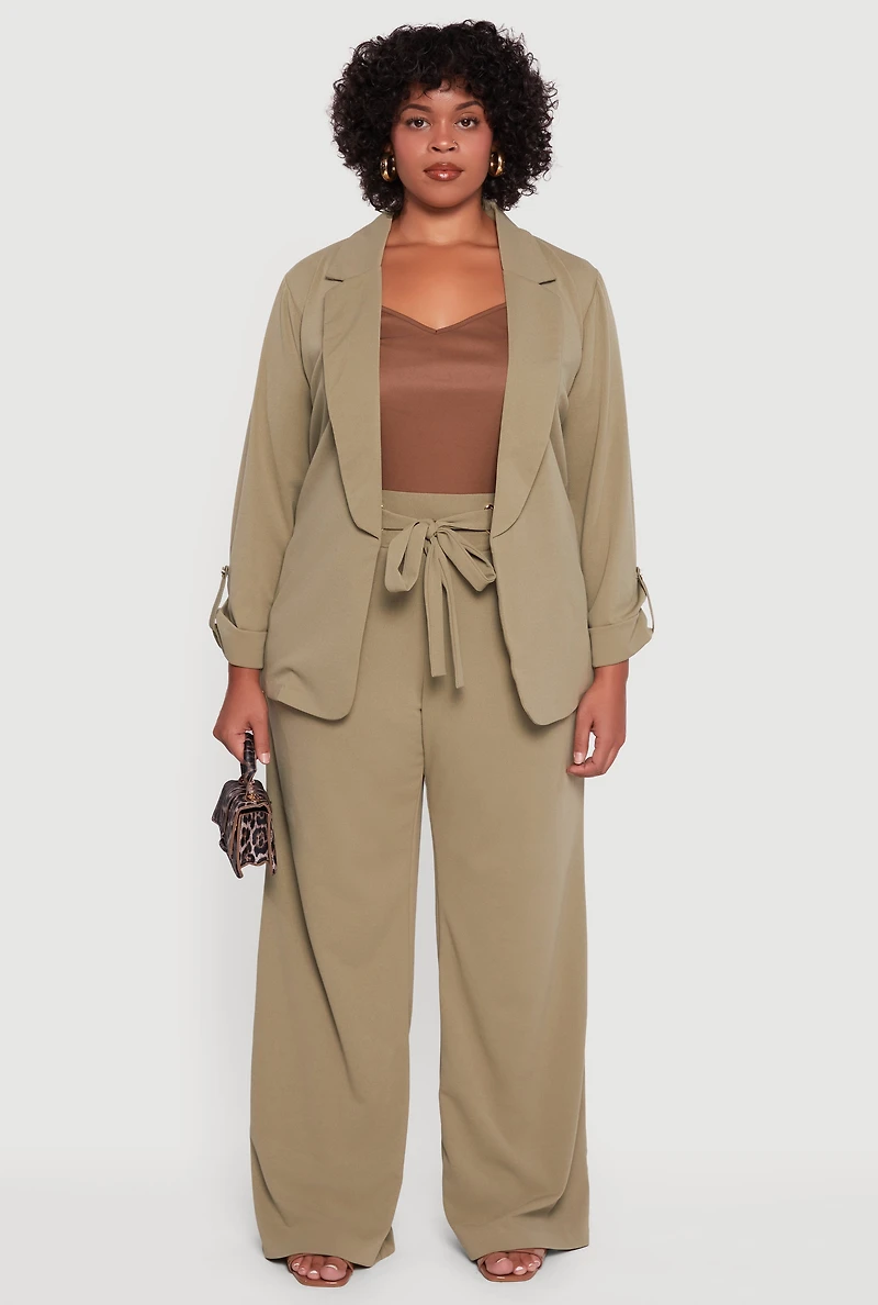 Womens Plus Crepe Knit Long Sleeve Open Front Blazer,