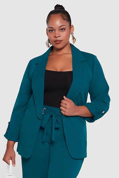 Womens Plus Crepe Knit Long Sleeve Open Front Blazer,