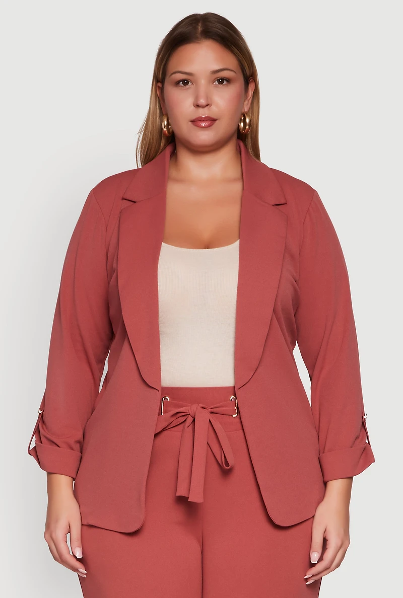 Womens Plus Size Crepe Knit Long Sleeve Open Front Blazer, Pink, Size 3X