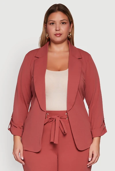 Womens Plus Size Crepe Knit Long Sleeve Open Front Blazer, Pink, Size 3X