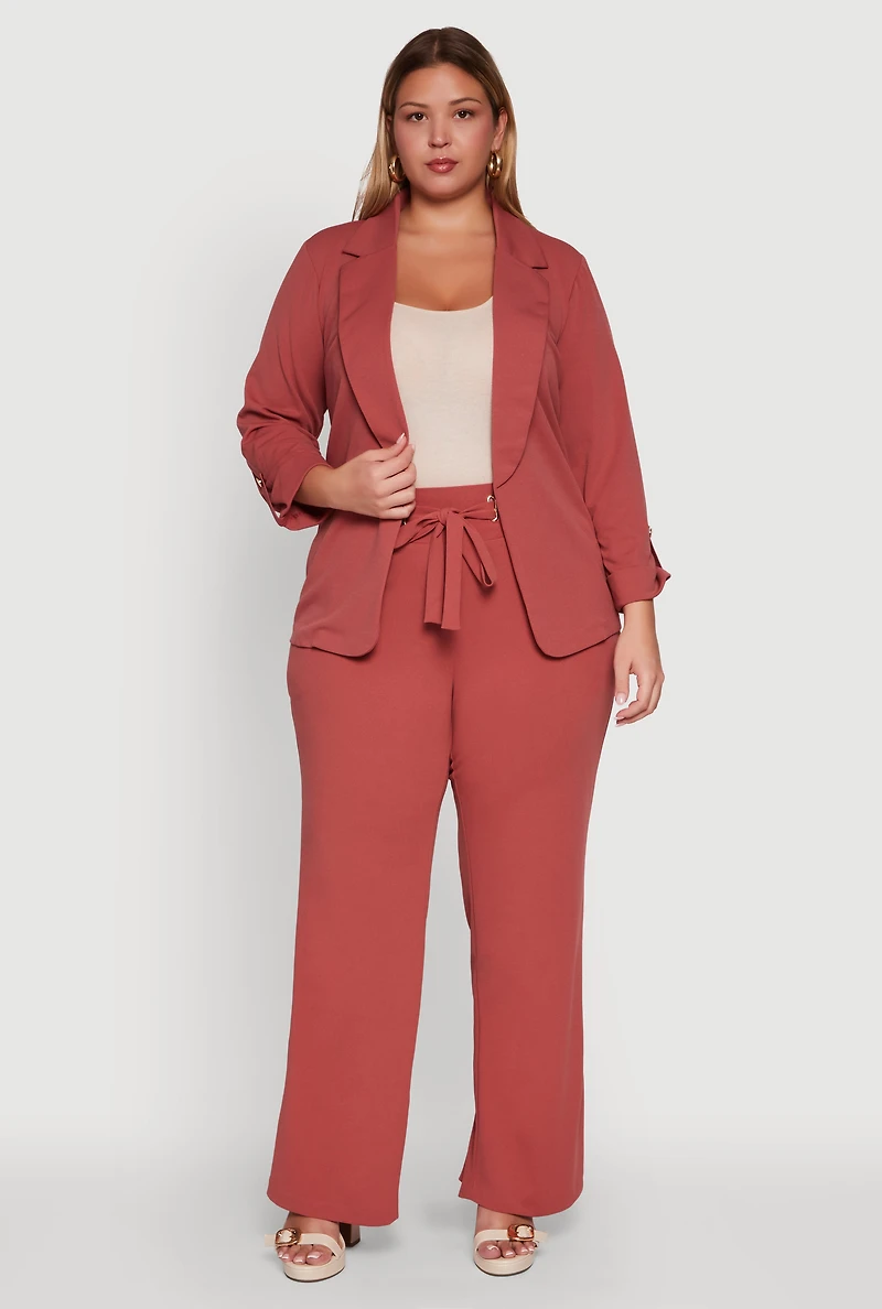 Womens Plus Size Crepe Knit Long Sleeve Open Front Blazer, Pink, Size 3X