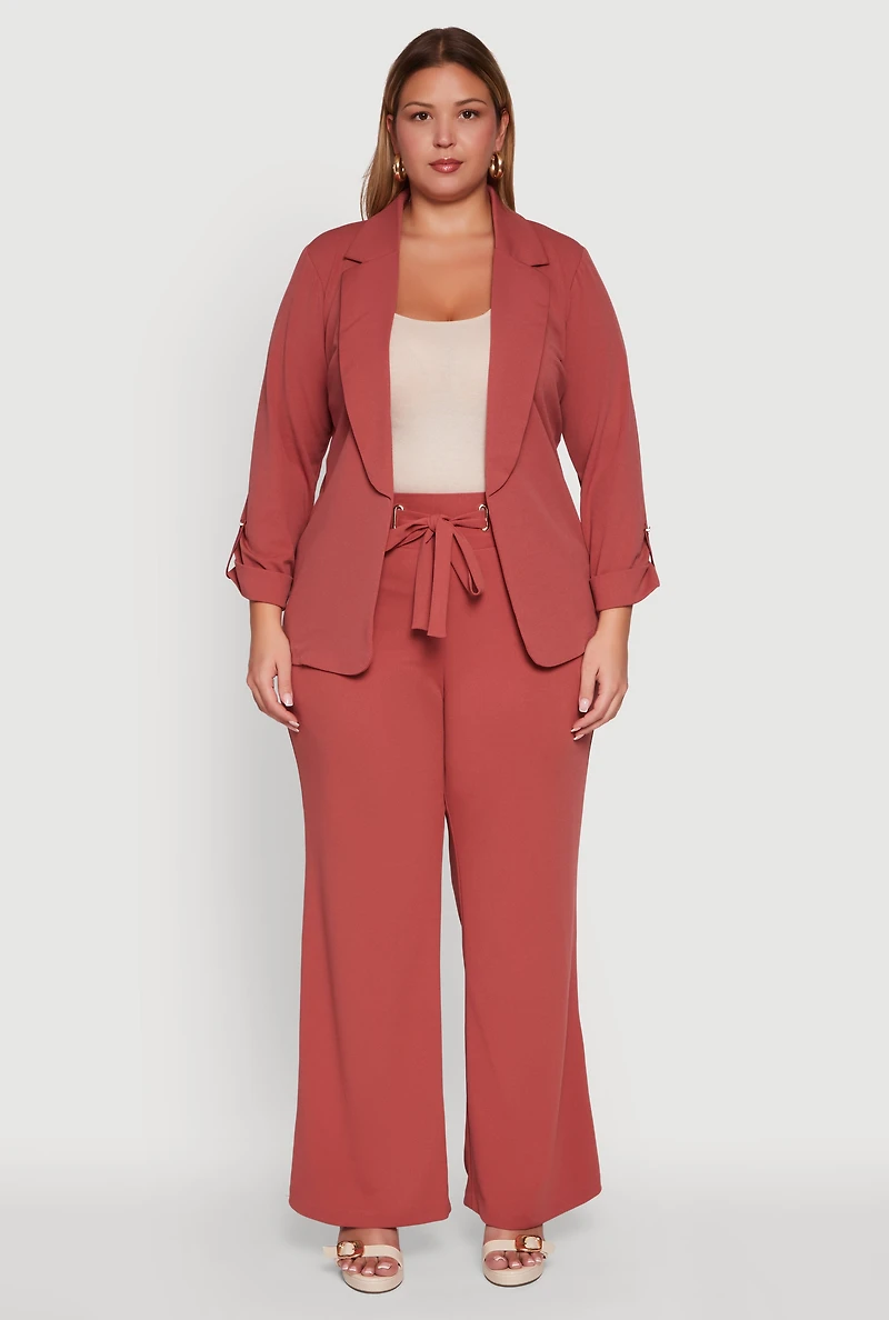Womens Plus Size Crepe Knit Long Sleeve Open Front Blazer, Pink, Size 3X