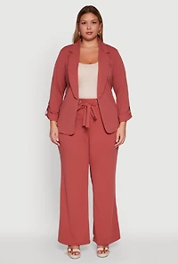 Womens Plus Size Crepe Knit Long Sleeve Open Front Blazer, Pink, Size 3X