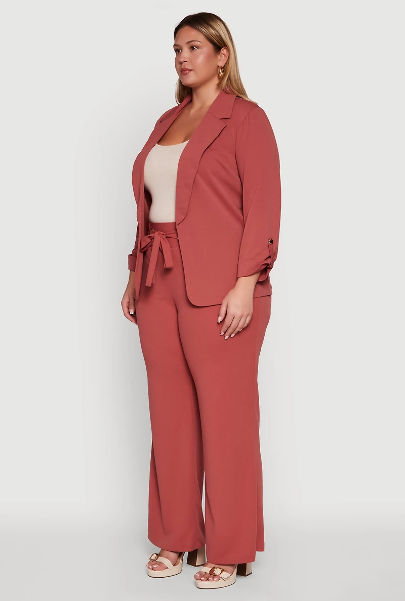 Womens Plus Size Crepe Knit Long Sleeve Open Front Blazer, Pink, Size 3X