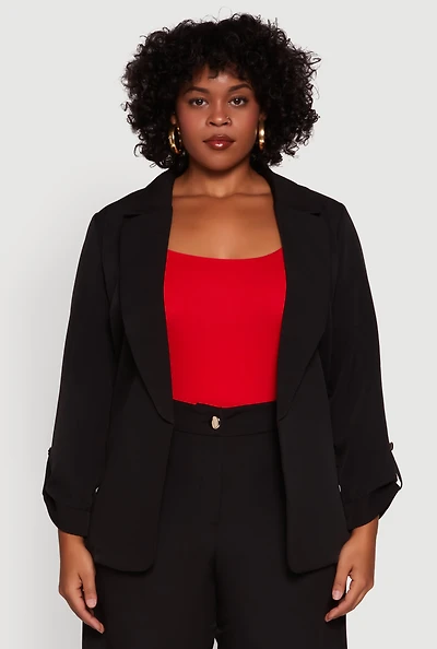 Womens Plus Crepe Knit Long Sleeve Collared Blazer,