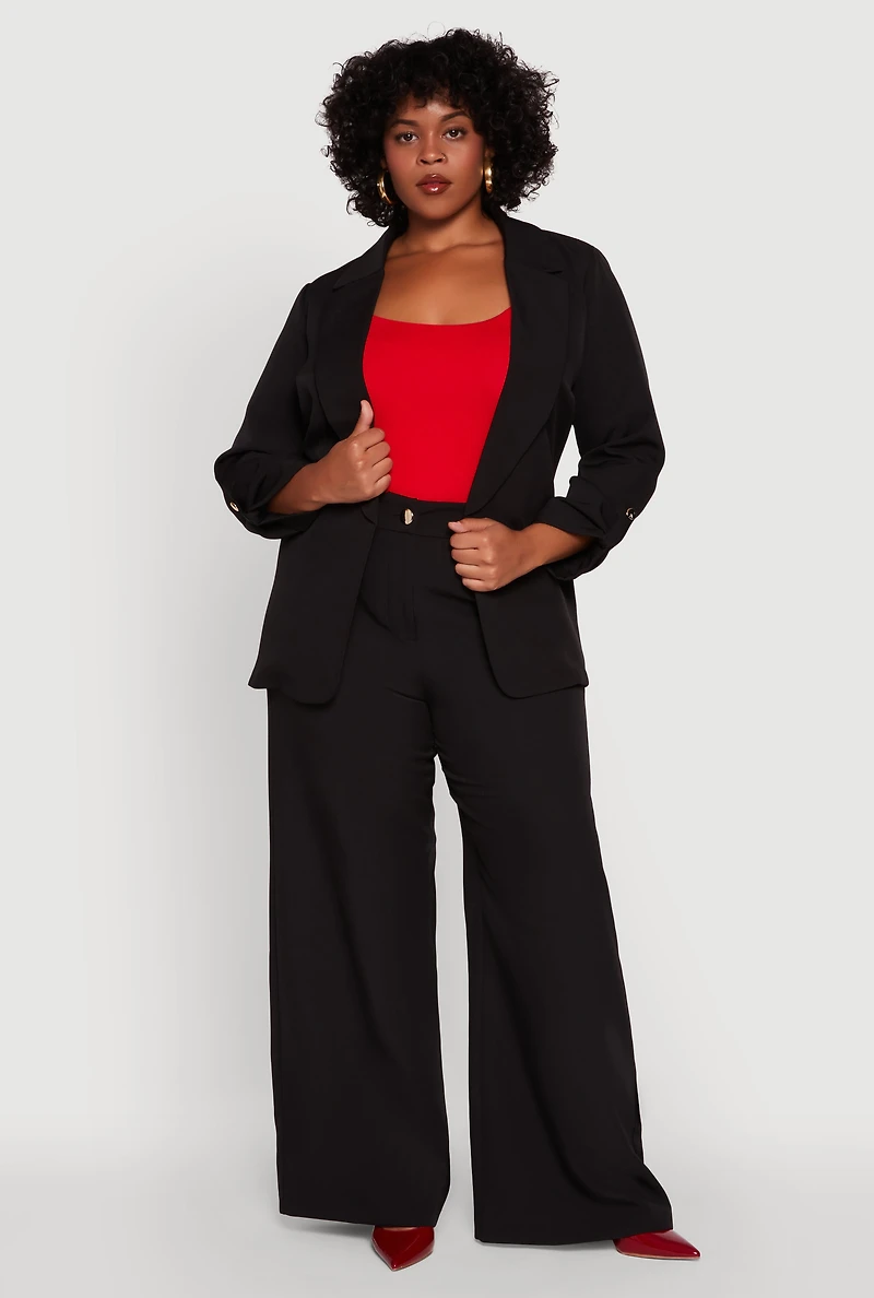 Womens Plus Crepe Knit Long Sleeve Collared Blazer,