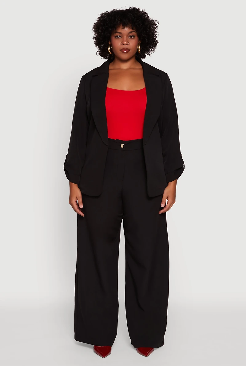 Womens Plus Crepe Knit Long Sleeve Collared Blazer,