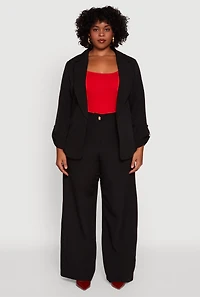 Womens Plus Size Crepe Knit Long Sleeve Collared Blazer, Black, Size 1X