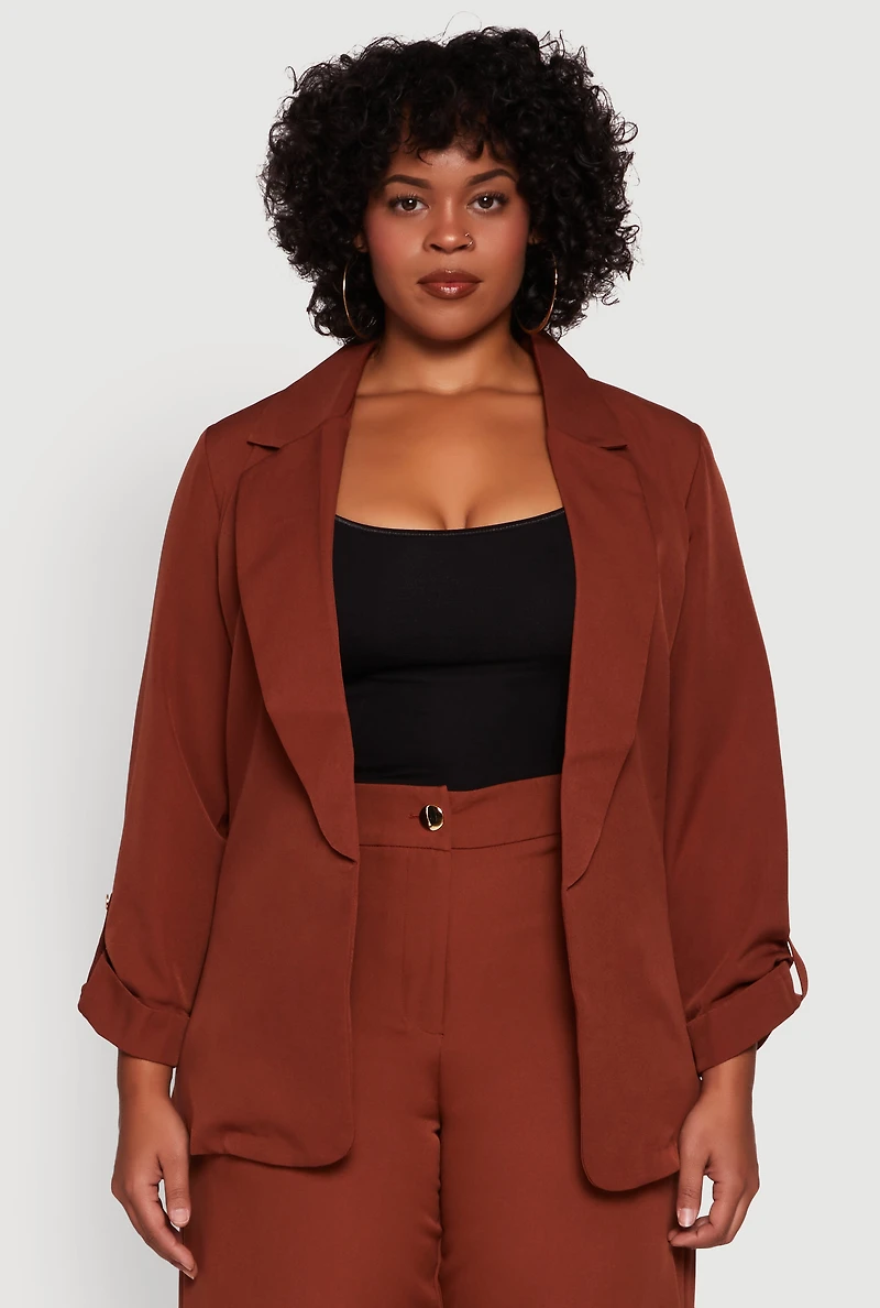 Plus Crepe Knit Long Sleeve Collared Blazer