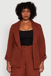 Plus Crepe Knit Long Sleeve Collared Blazer