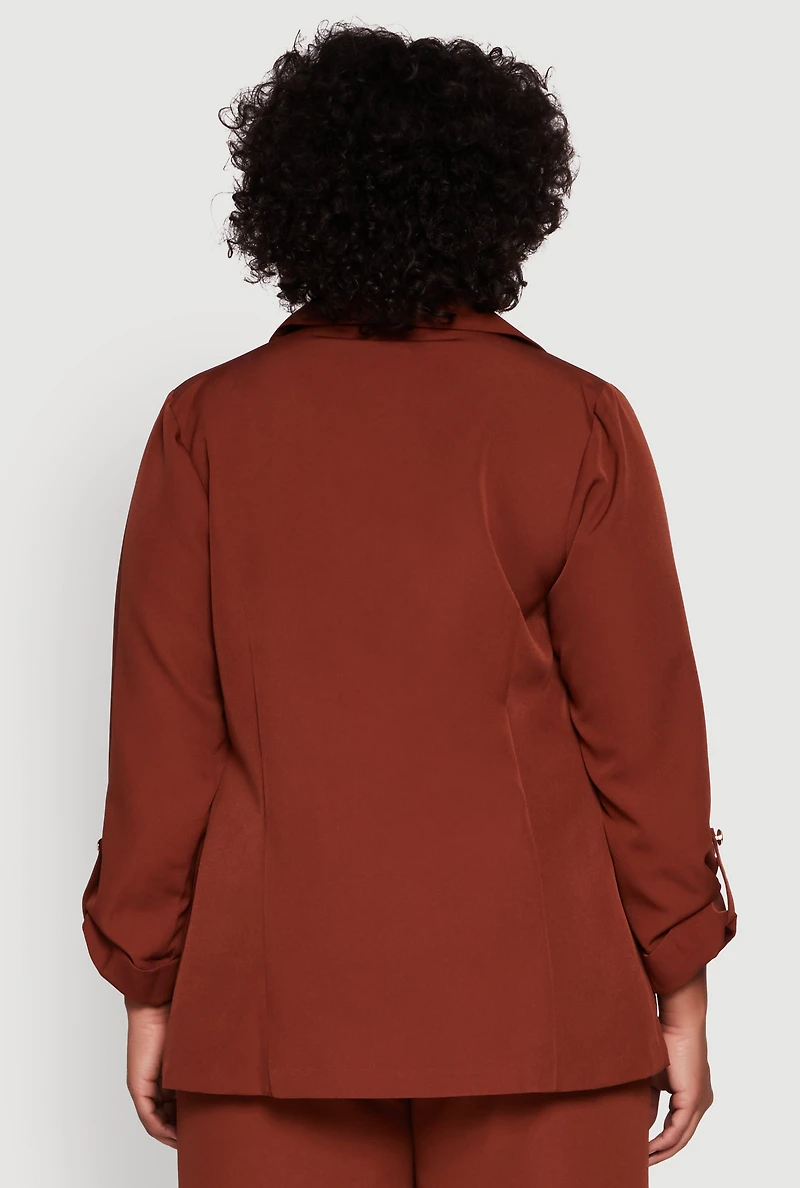 Womens Plus Size Crepe Knit Long Sleeve Collared Blazer, Brown, Size 2X