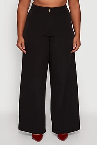 Womens Plus Crepe Knit High Waisted Wide Leg Dress Pants,