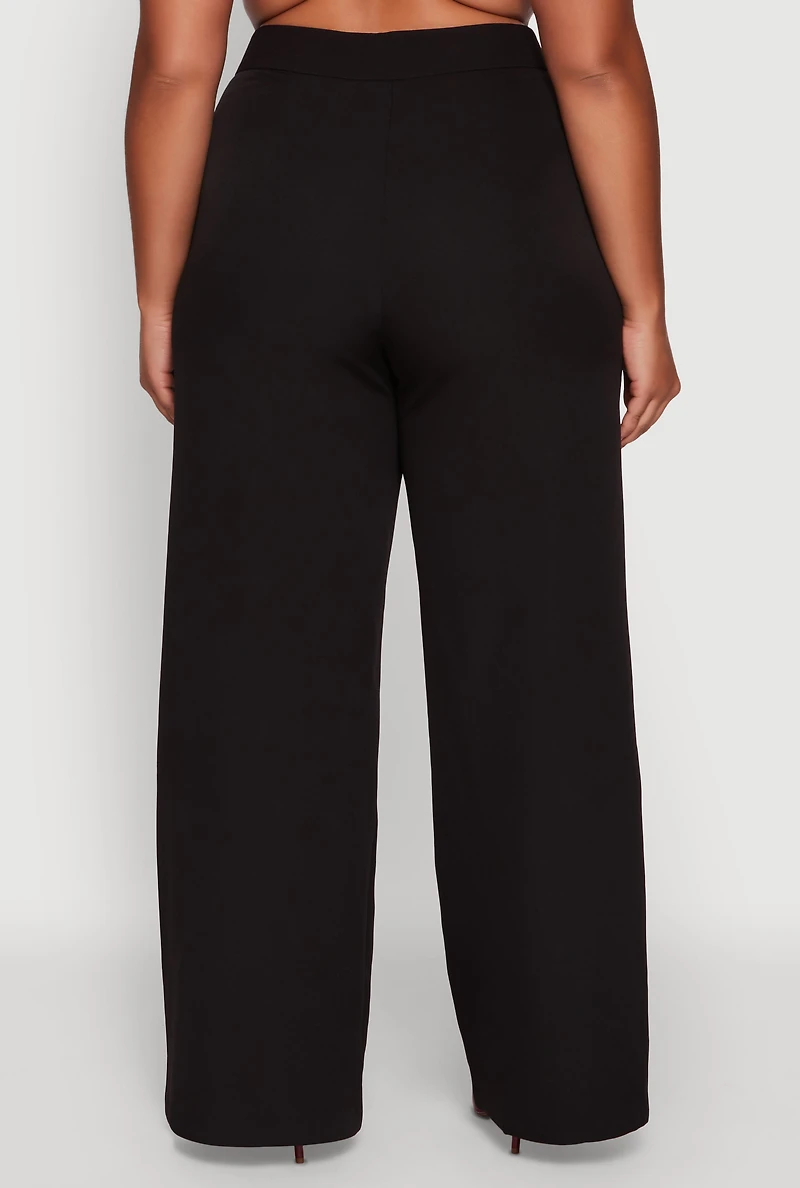 Womens Plus Crepe Knit High Waisted Wide Leg Dress Pants,