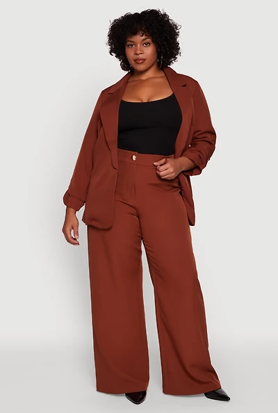 Womens Plus Size Crepe Knit High Waisted Wide Leg Dress Pants, Brown, Size 2X