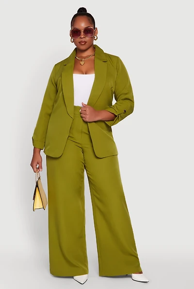Womens Plus Size Crepe Knit High Waisted Wide Leg Dress Pants, Green, Size 1X