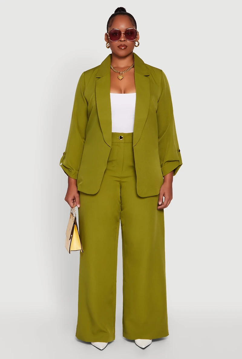Womens Plus Size Crepe Knit High Waisted Wide Leg Dress Pants, Green, Size 1X