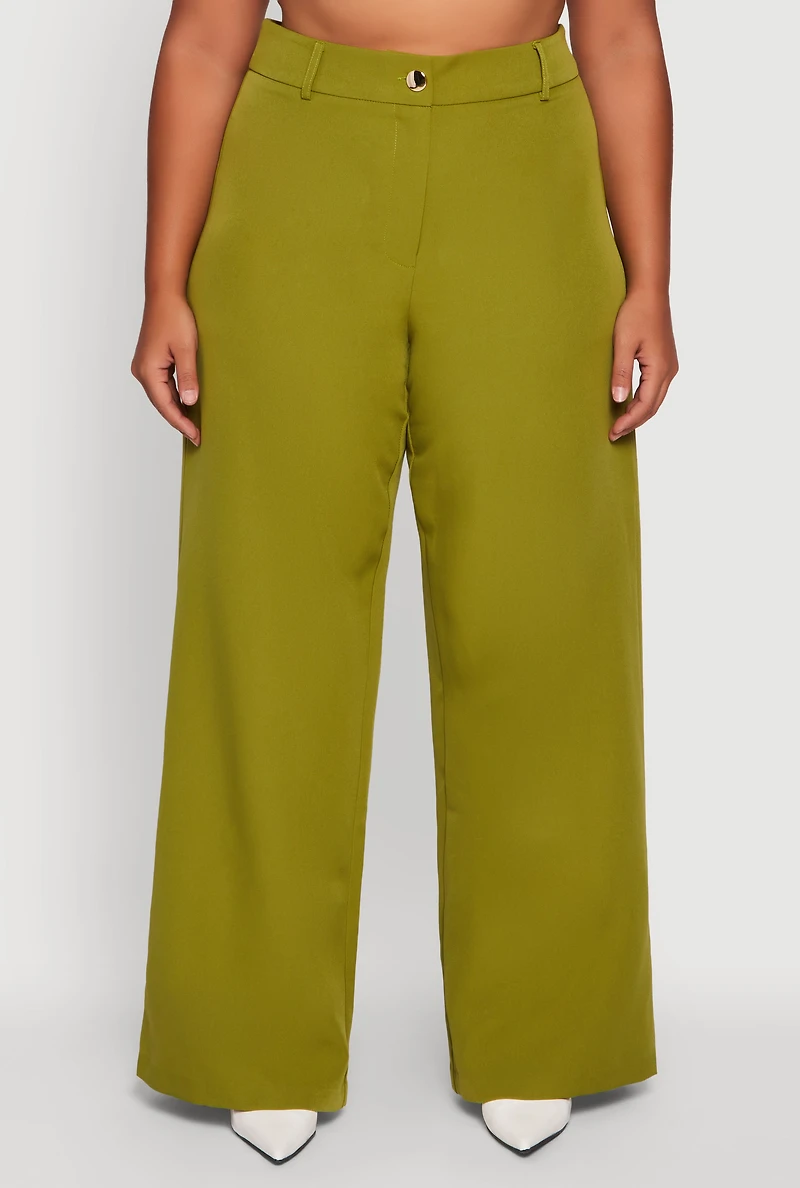 Womens Plus Size Crepe Knit High Waisted Wide Leg Dress Pants, Green, Size 1X