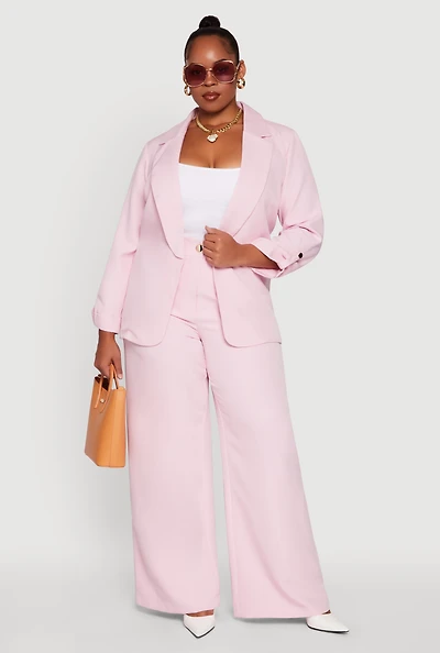 Womens Plus Size Crepe Knit High Waisted Wide Leg Dress Pants, Pink, Size 3X