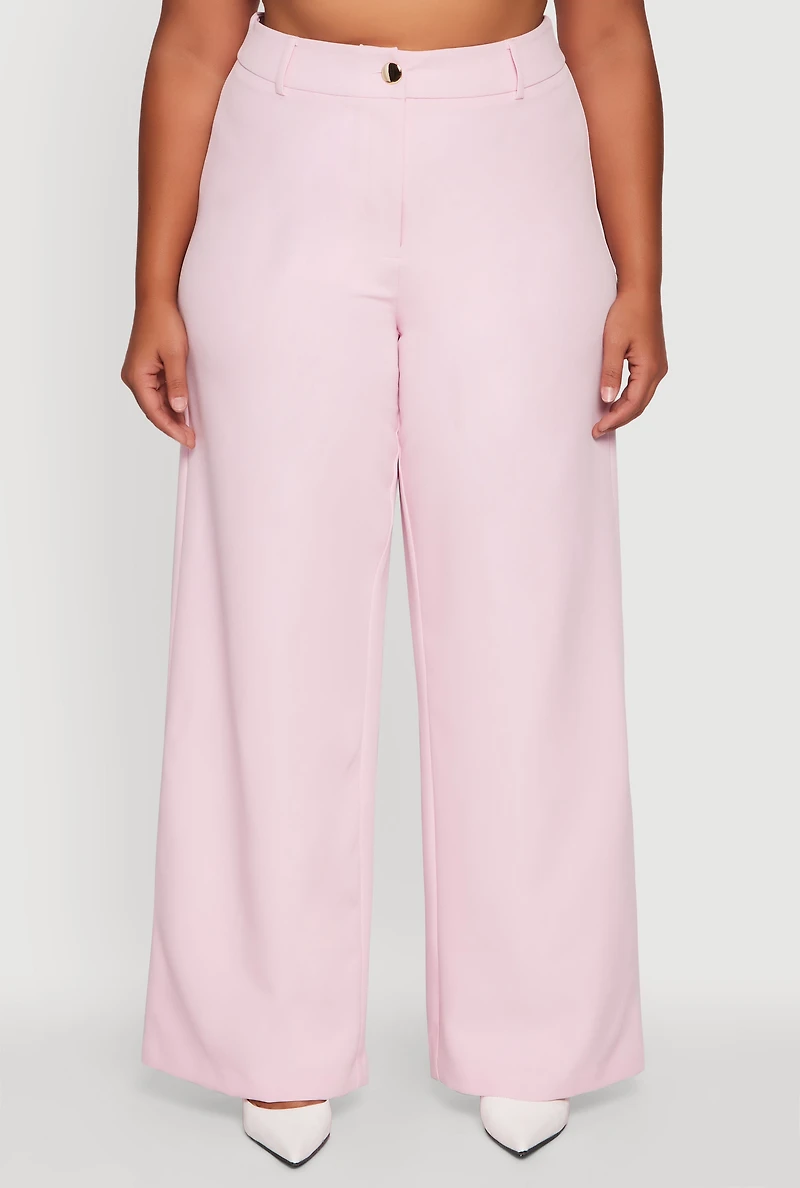 Womens Plus Size Crepe Knit High Waisted Wide Leg Dress Pants, Pink, Size 3X