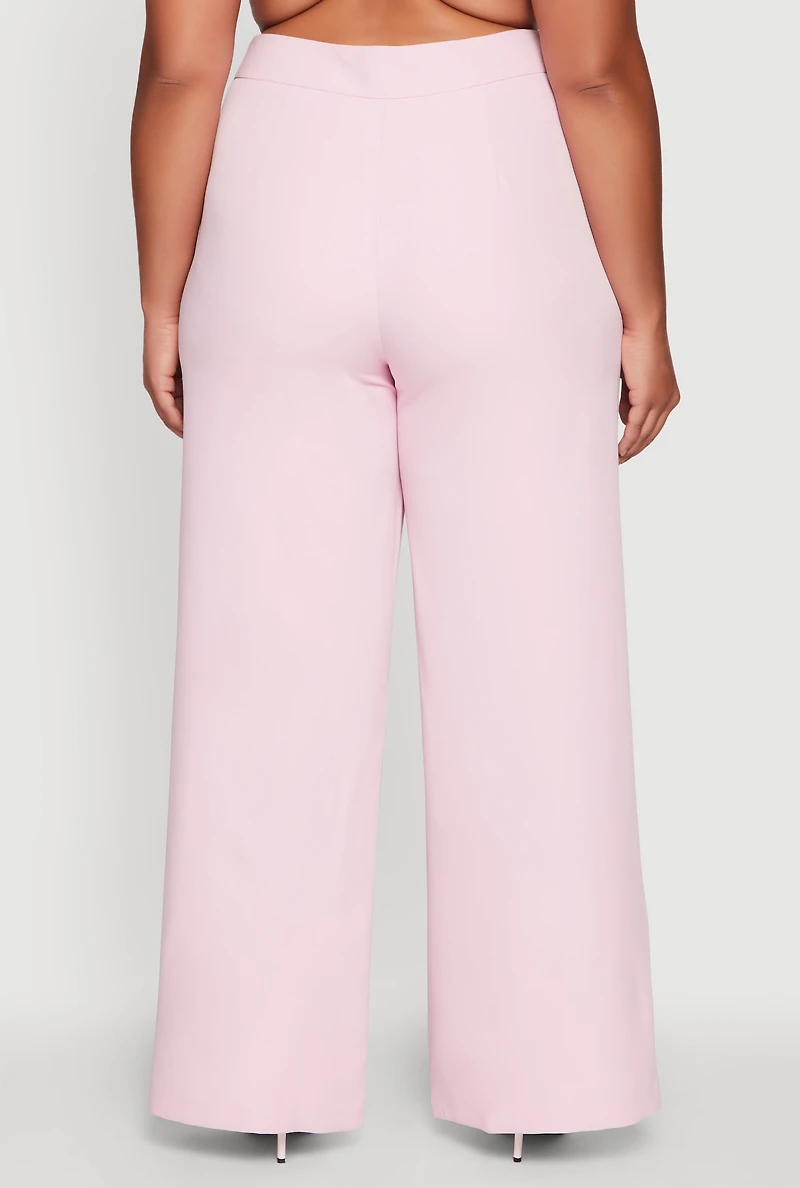Womens Plus Size Crepe Knit High Waisted Wide Leg Dress Pants, Pink, Size 3X