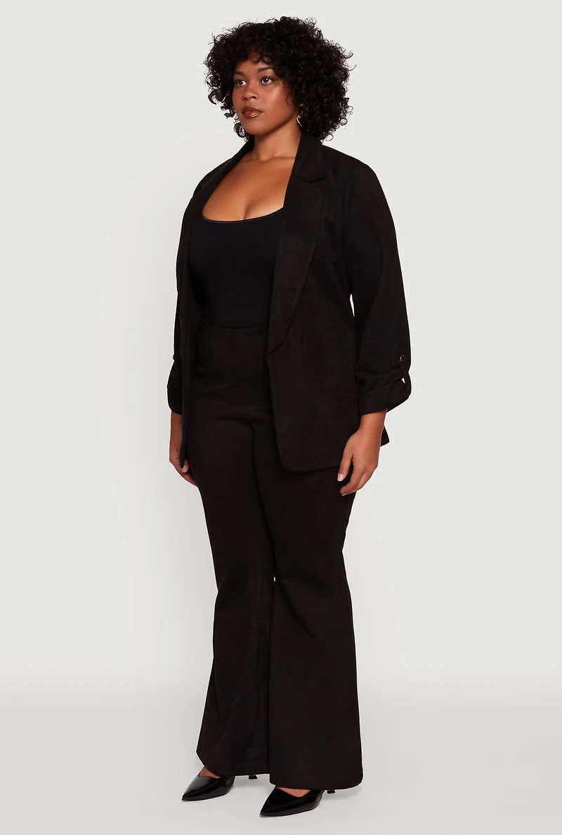Womens Plus Size Faux Suede Long Sleeve Open Front Blazer, Black, Size 3X