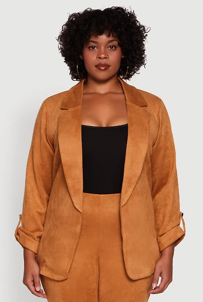 Womens Plus Size Faux Suede Long Sleeve Open Front Blazer, Brown, Size 1X