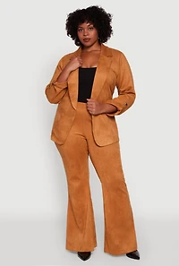 Womens Plus Size Faux Suede Long Sleeve Open Front Blazer, Brown, Size 1X