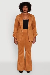 Womens Plus Size Faux Suede Long Sleeve Open Front Blazer, Brown, Size 1X