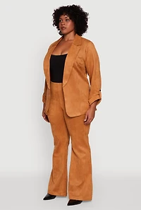 Womens Plus Size Faux Suede Long Sleeve Open Front Blazer, Brown, Size 1X