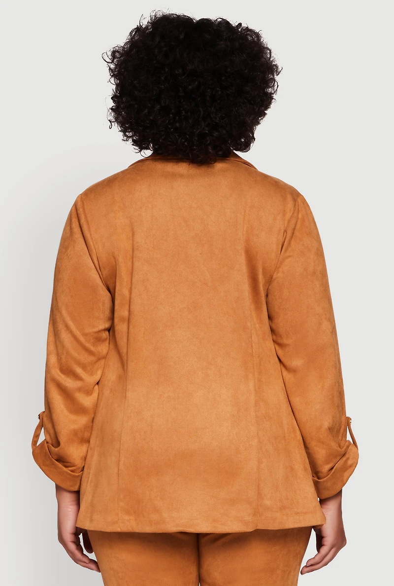 Womens Plus Size Faux Suede Long Sleeve Open Front Blazer, Brown, Size 1X