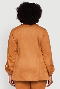 Womens Plus Size Faux Suede Long Sleeve Open Front Blazer, Brown, Size 1X