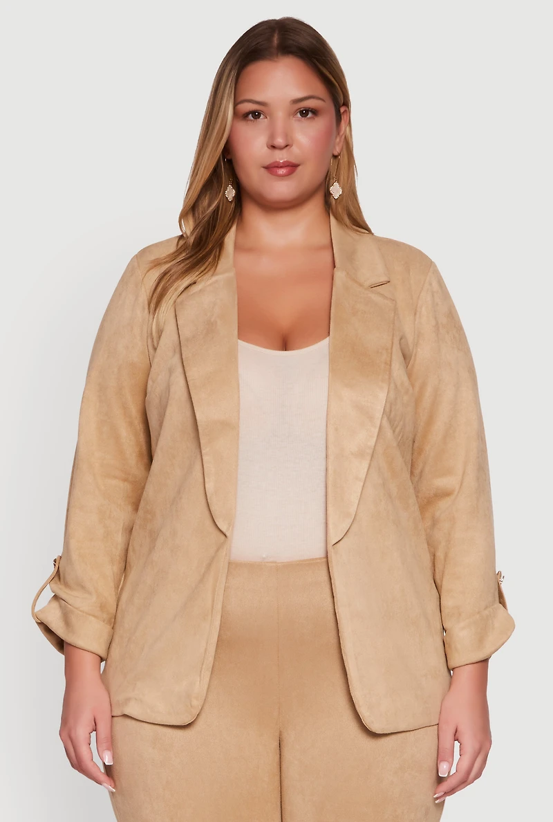 Womens Plus Faux Suede Long Sleeve Open Front Blazer, 2X