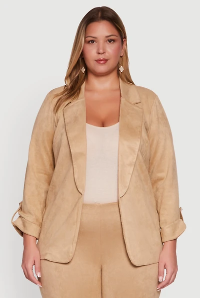 Womens Plus Faux Suede Long Sleeve Open Front Blazer, 2X