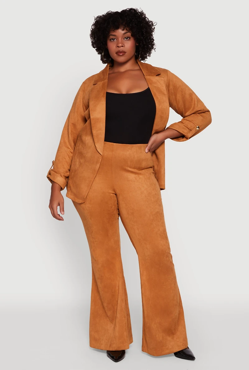 Womens Plus Size High Waisted Faux Suede Flare Dress Pants, Brown, Size 3X