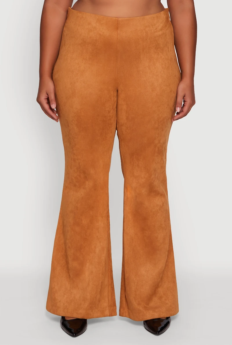 Womens Plus Size High Waisted Faux Suede Flare Dress Pants, Brown, Size 3X