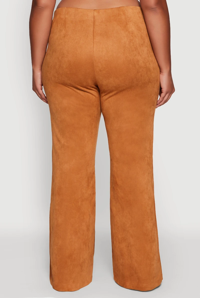 Womens Plus Size High Waisted Faux Suede Flare Dress Pants, Brown, Size 3X