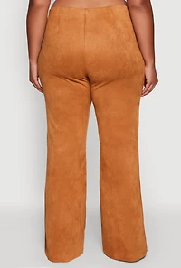 Womens Plus Size High Waisted Faux Suede Flare Dress Pants, Brown, Size 3X