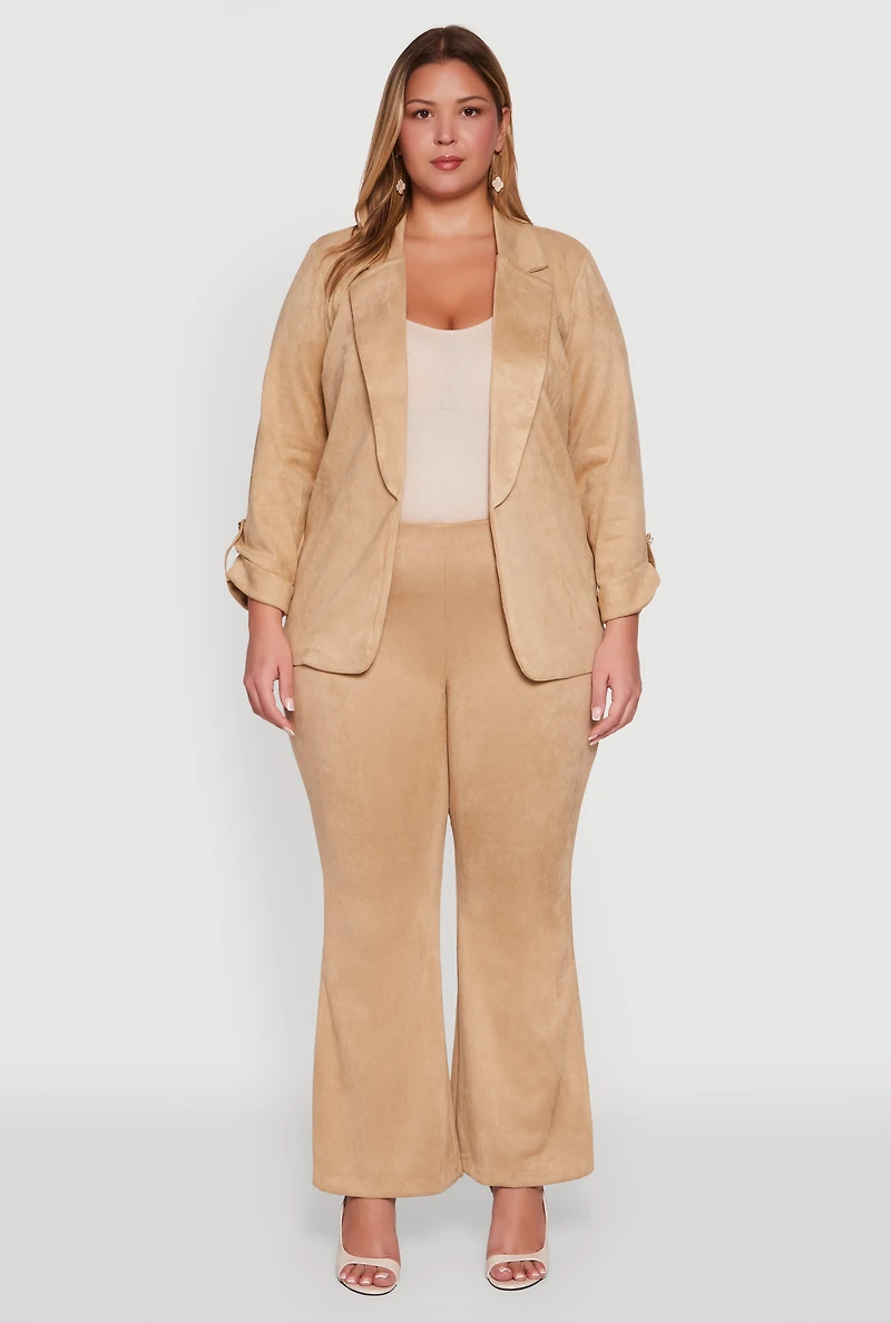 Plus High Waisted Faux Suede Flare Dress Pants