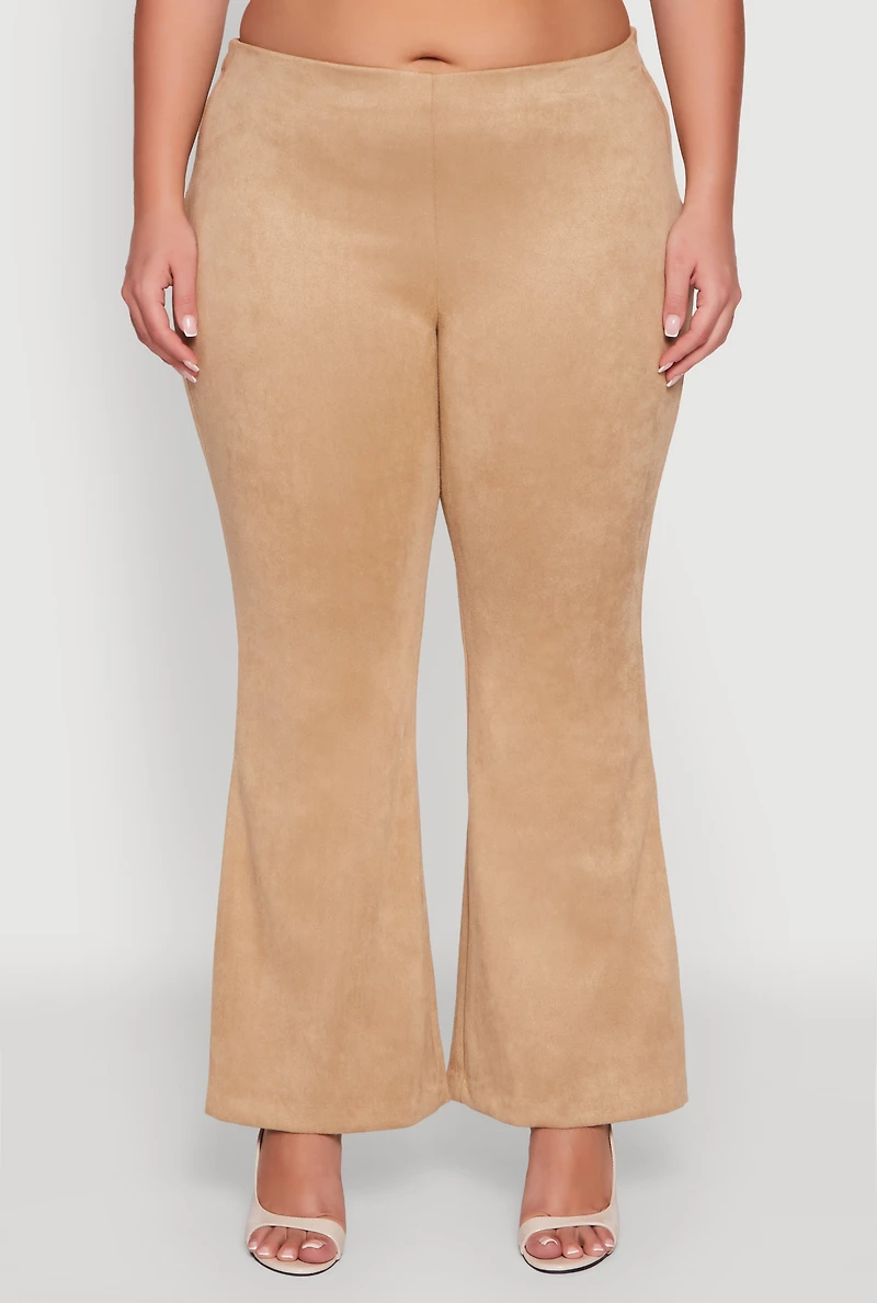 Plus High Waisted Faux Suede Flare Dress Pants