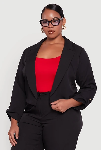 Womens Plus Crepe Knit Cropped Long Sleeve Collared Blazer, Black,