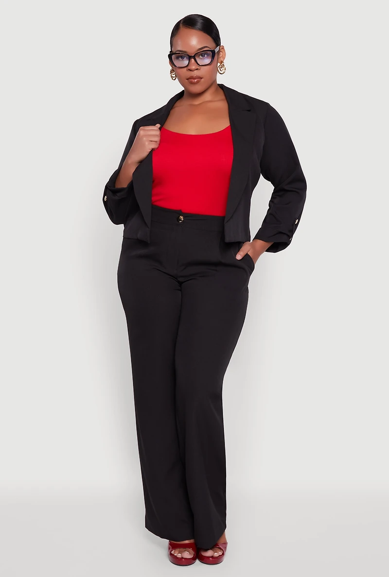 Womens Plus Crepe Knit Cropped Long Sleeve Collared Blazer, 1X