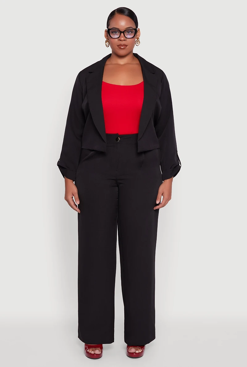 Womens Plus Crepe Knit Cropped Long Sleeve Collared Blazer, 1X